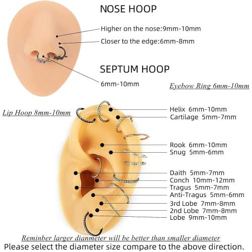 Yrogcu Nose Ring Lip Rings Septum-Clicker:8G 10G 12G14G 16G 18G 20G Dia.6mm 8mm 10mm 12mm 14mm 16mm Hinged Nose Piercing Hoop Ring Sleeper Earring Helix Rook Conch Cartilage Daith Tragus Earrings Nose Piercing Jewelry