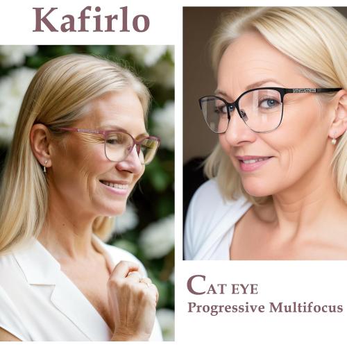 Progressive Multifocal Reading Glasses Women Cat Eye No Line Multifocus Transition Blue Light Reader Lady Metal Frame