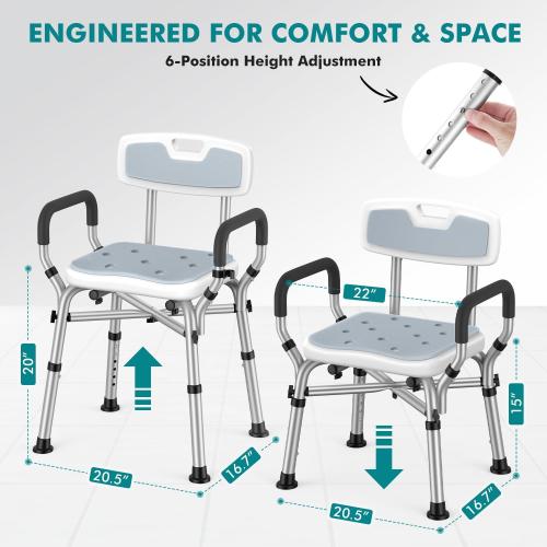 VFAUOSIT Shower Chair with Removable Arms and Back for Elderly & Disabled, 550 lbs Shower Chair for Inside Shower, 6-Height Adjustable Shower Seats for Adults, Bath Chairs for Seniors Inside Tub