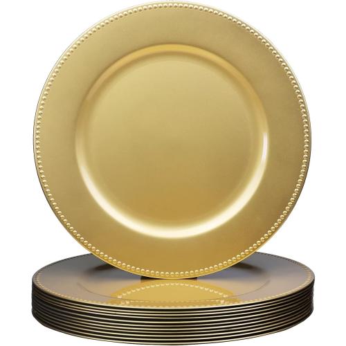 Set of 12 Gold Charger Plates with Beaded. 13 Reusable Plastic Table Chargers for Dinner Plates