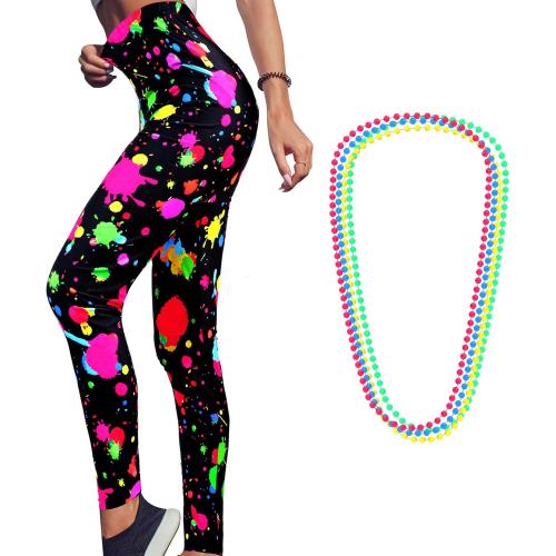 Size L Syhood 80s Legging for Women Neon Halloween High Waisted Neon Legging 4 Pcs Necklace 1980s Dress up Costume Accessory Set