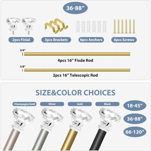 Gold Decorative Crystal Curtain Rods 36 to 88 Inch:Heavy Duty Adjustable Window Curtains Rods for Living Room Bedroom,Brass Gold Modern Girly Acrylic Drapery Rod with Clear Bling Diamond Finial