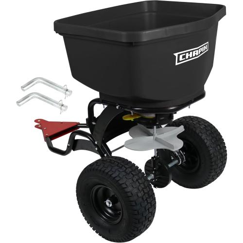 Chapin 8622B Made in The USA 2.2 Cubic Feet Tow and Pull Behind Spreader with Auto-Stop Dual Impeller That Stops When Not Moving, Designed for Farm and Tough Terrain, Hitch Pins, Black