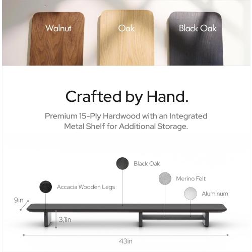 KIVY Dual Monitor Riser With Integrated Metal Shelf [MADE BY HAND] - Wooden Desk Shelf for 2 Monitors - Wide Long Stand for Desk (44 x10x3in - Black)