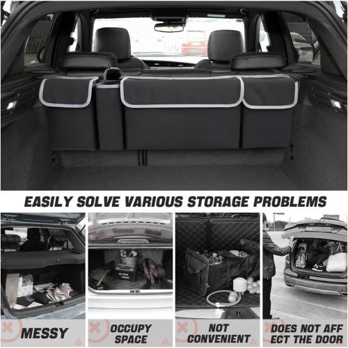 AUCELI Car Trunk Organizer, Backseat Hanging Large Storage with Adjustable Straps, Waterproof Collapsible Cargo Bag with 4 Pockets, Sturdy Space Saver Frees Trunk Floor for SUV, Truck, MPV