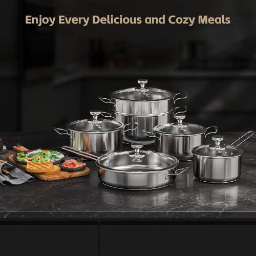 Stainless Steel Pots and Pans Set Non-Toxic, 11 Pieces Kitchen Induction Cookware Set with Steamer, Frying Pans, Saucepan and Stockpots, Compatible with All Stovetops, Silver