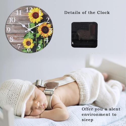 Sunflower Kitchen Decor Round Wall Clock 12 Inch Silent Non Ticking Battery Operated Wood Clock for Bedroom Bathroom Living Room