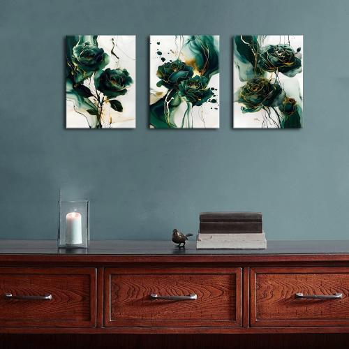 Emerald Green Wall Art for Living Room Green and Gold Marble Wall Decor Abstract Flower Wall Art Modern Botanical Canvas Prints Paintings for Bedroom Office Home Decorations 12x16 3Pcs