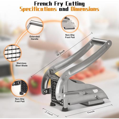 French Fry Cutter, Stainless Steel Potato Cutter, Potato Slicer, Includes 2 Blade Size Cutter Options and No-Slip Suction Base, Perfect for use with Air Fryer