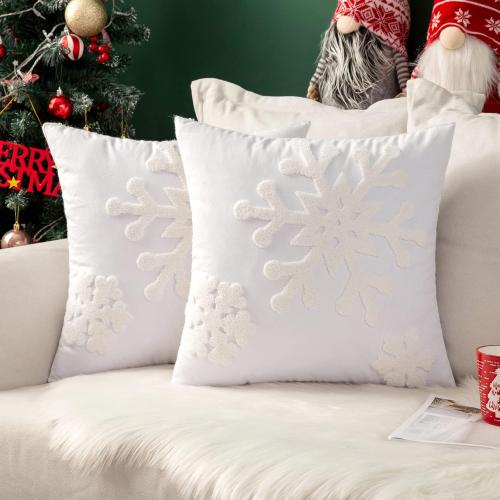 MIULEE Pack of 2 Christmas Decorative Snowflake Throw Pillow Covers Canvas Embroidery Winter Cushion Cases Holiday Decor Soft Pillowcases for Winter Couch Sofa Bedroom Car（White, 16x16in）