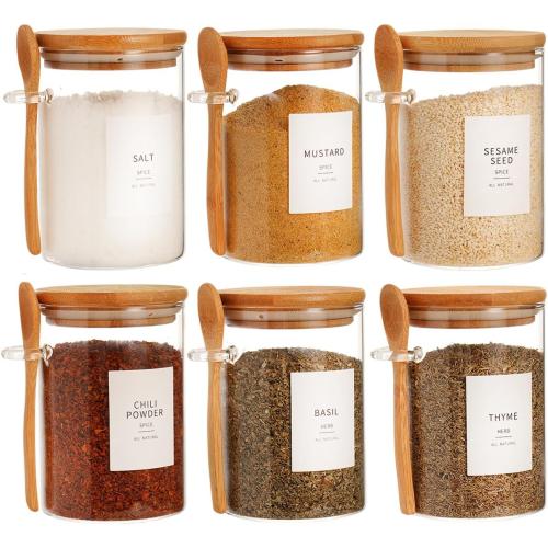 6 Pcs Glass Jar with Bamboo Lid and Spoon - 17 oz Large Sugar Container with 148 Kitchen Pantry Spice Jar Labels Preprinted - Glass Containers with Wooden Lids Hold Coffee, Tea, Candy