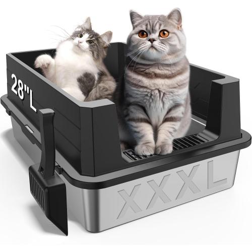 XXXL Stainless Steel Litter Box,Extra Large 28 L x 20 W Metal Litter Box for Big Cats & Multiple Cats with High Sided, Anti-Urine Leakage, Non-Sticky, Easy Cleaning, Include Scoop(Black)
