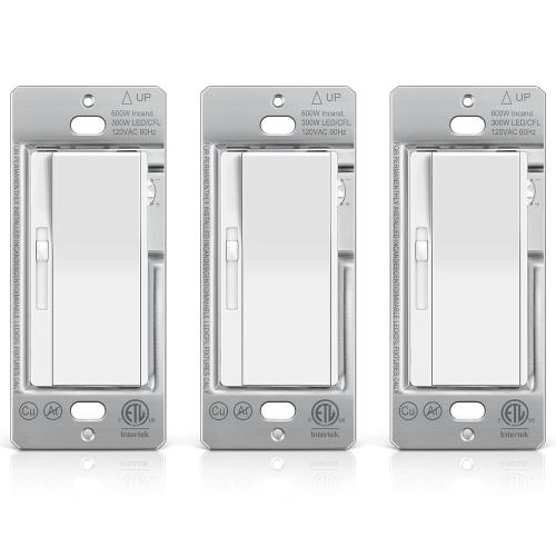 BESTTEN 3 Pack Slide Dimmer Light Switch, Quiet Rocker, Super Slim Single Pole or 3 Way Dimmable Switch, Max 300W LED, CFL, 600W Incandescent, ETL Listed, White