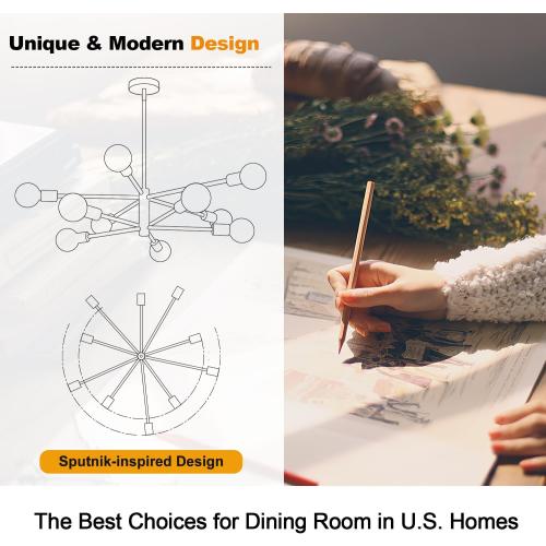 32 Modern Chandelier Ceiling Light Fixture, 10-Light Sputnik Chandeliers Brushed Gold and Black Dining Room Light Fixture, Height Adjustable Chandeliers for Dining Room Living (Bulbs Not Included)