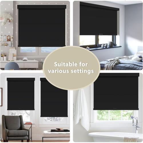 WHITE Cordless Blackout Roller Shades Blinds for Windows Free-Stop,Pull Down Room Darkening with Valance,Thermal Insulated Woven Fabric Window Door Blinds for Home,Office,Black 20 W x 72 H