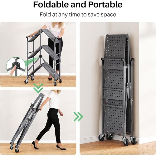 3 Tier Utility Carts - Folding Metal Rolling Cart with Wheels for Kitchen Office Garage Storage, Grey