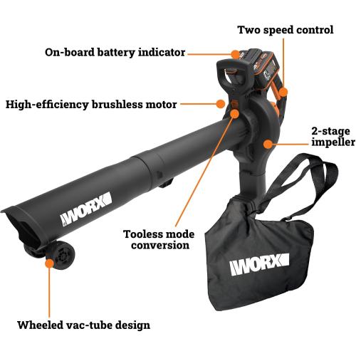 WORX Cordless Leaf Blower, 3 in 1 Blowers for Lawn Care with Leaf Vacuum & Leaf Mulcher, Electric Blower with Brushless Motor & 2 Speed Control, 2 × 4.0 Ah Batteries & Charger Included, WG583