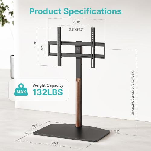 Pegzone Universal Swivel TV Stand with Wood for 32-85 Inch LCD LED OLED Screen, Holds 132 Lbs, Height Adjustable Floor TV Stand, Max VESA 600 * 400mm, Black, for Bedroom Living Room