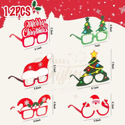 BigOtters Christmas Paper Eyeglasses, Christmas Party Glasses Bulk Frame Costume for Adults and Kids Party Favors Photo Booth, 12PCS