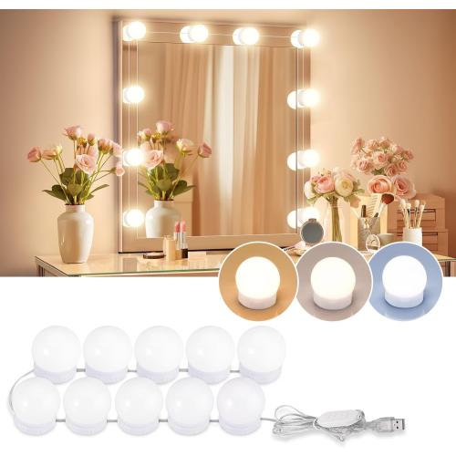 LED Vanity Lights For Mirror, Consciot Hollywood Style With 10 Dimmable Bulbs, Adjustable Color & Brightness, USB Cable, Stick on for Makeup Table Dressing Room Mirror