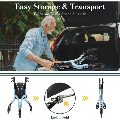 3 Wheel Walkers for Seniors, Lightweight Rollator Walkers Foldable for Elderly with Cane Hold and Cup Hold, Height Adjustable Aluminum Three Wheel Rolling Walker Mobility Aid, Blue
