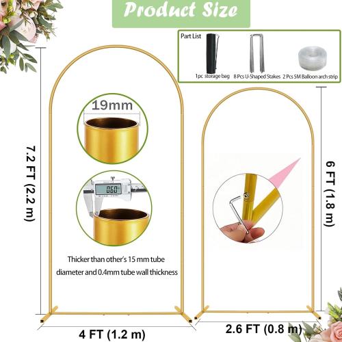 Metal Arch Backdrop Stand 7.2FT 6FT Wedding Arch Backdrop Stand Set of 2 Gold Arch Backdrop Stand for Valentines Day Party Wedding Ceremony Baby Shower Birthday Floral Balloon Decration