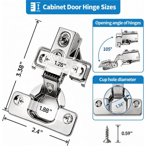 Cabinet Hinges - 40 Pack Soft Close Cabinet Hinges for 1/2 Overlay Cabinet,Stainless 105Deg Opening Face Frame Cabinet Door Hinges with Door Bumper,Cabinet Hinge Repair Plate and Screws