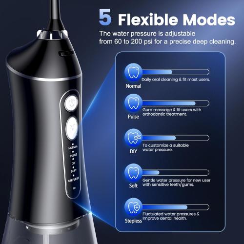 Water Flosser for Teeth Cleaning and Flossing, 5 Modes Rechargeable Cordless Oral Irrigator 320ml Water Tank Teeth Cleaner, IPX7 Waterproof Portable Electric Dentel Flossers for Home and Travel,Black
