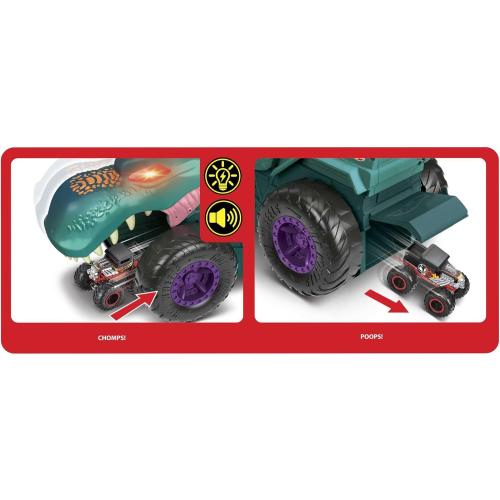 Hot Wheels Monster Trucks Car Chompin' Mega-Wrex, Large Toy Monster Truck & Toy Car, Eats & Poops 1:64 Scale Vehicles, Lights & Sounds