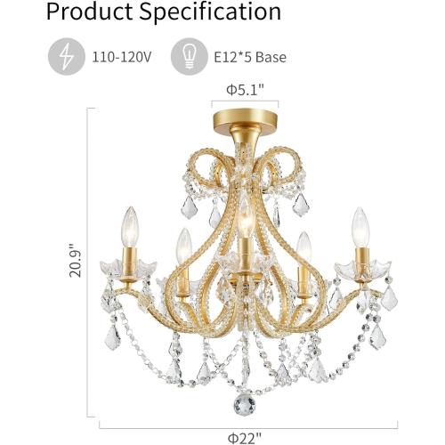WUZUPS 5-Light Crystal Candle Chandelier Flushmount Ceiling Light Modern Lighting Fixture for Bedroom Hallway Bar Kitchen Bathroom, H 20.9 W 22, E12 Base, Gold