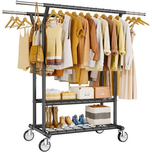 Heavy Duty Clothes Rack, Rolling Clothing Rack With Shelves Load 620 LBS, Double Rod Clothing Racks for Hanging Clothes, Portable& Adjustable Clothes Rack with Wheels,Black