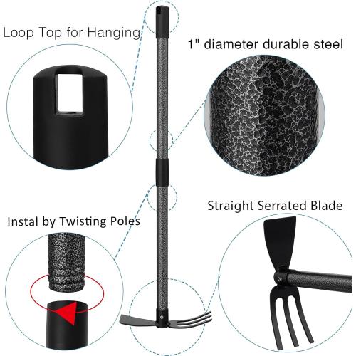 Hoe and Cultivator Gardening Hand Tools, Heavy Duty Stainless Steel Garden Hoe and 3 Fork Hand Tiller for Gardening Weeding Planting with Adjustable Handle 45 inch