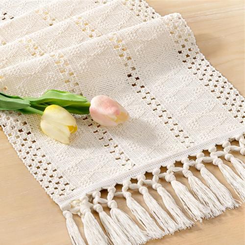 Socomi Boho Table Runner Summer Farmhouse Rustic Dining Kitchen Centerpiece Decor Small Macrame Woven Cotton Linen Coffee Table Runner for Dresser Scarf Home Decor 12x36 inch Cream Ivory