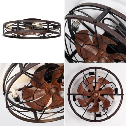 SHLUCE 24 Farmhouse Caged Flush Mount Ceiling Fan with Light, Rustic Low Profile Bladeless Ceiling Fans with Lights and Remote, Modern Large Ceiling Fan with Light for Bedroom, Kitchen, Brown - ETL