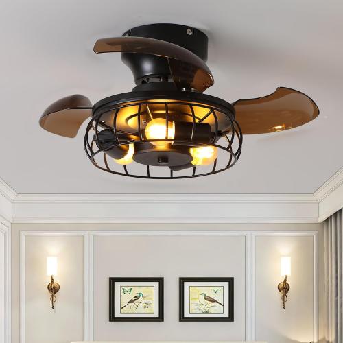 21.6'' Retractable Ceiling Fans with Lights Caged Farmhouse Ceiling Fan Lights with Remote Control and APP, Rustic Industrial Ceiling lamp Black Fixture for Living Room Bedroom Kitchen, A