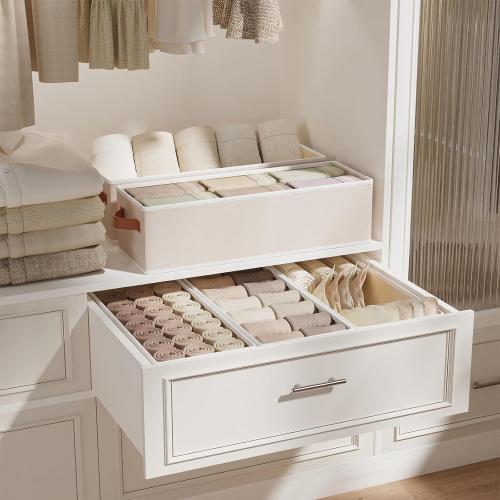 Storage Bins, Fabric Foldable Baskets for Shelves, Collapsible Storage Box Containers with Double Handles, Beige, 15 x 6 x 5 Inch, 3-Pack