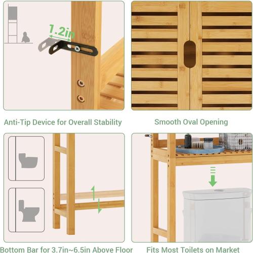 VIAGDO Over The Toilet Storage Cabinet, Tall Bathroom Cabinet Organizer with Cupboard and Adjustable Shelves, Freestanding Toilet Shelf Space Saver Rack Stand for Laundry Room, Balcony, Bamboo