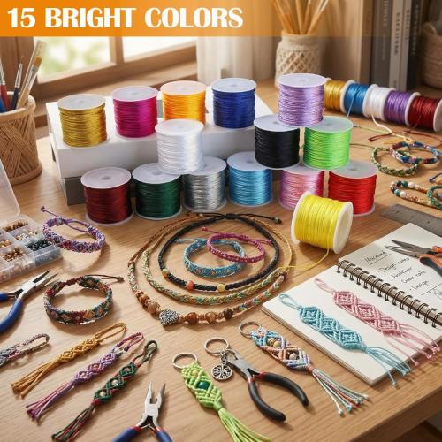 Ewparts 15 Rolls Satin Nylon String for Bracelets Making 1.5mm Satin Rattail Cord for Beading, Kumihimo,Necklace,Macrame Craft, Keychains Lanyards, Jewelry Making,Bracelet Silk String