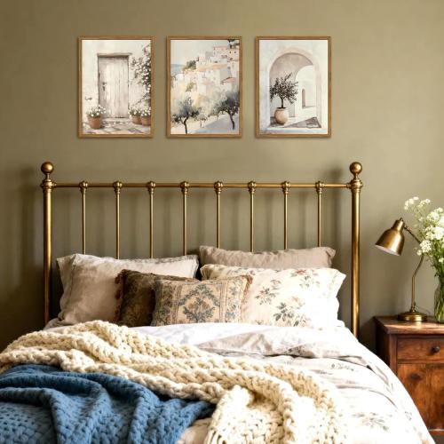Framed Vintage Italian Wall Art Set of 3, Rustic Neutral Olive Tree Pictures Wall Decor, Mediterranean Farmhouse Landscape Paintings Canvas Prints Country Home Decor for Living Room Bedroom 16x24 inch