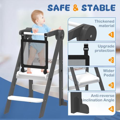 Foldable Toddler Tower, Toddler Kitchen Stool Helper with Safety Net, Wooden Kitchen Step Stool for Toddlers with Adjustable Height, Standing Tower for Learning and Cooking(Blue)