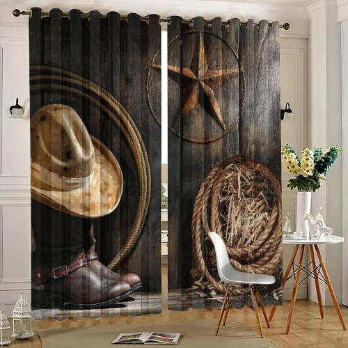Western Farmhouse Room Darkening Blackout Window Curtains with Grommets,Rustic Cowboy Leather Boots Texas Star Hat on Wooden Energy Efficient Window Treatment 2 Panels 54L x 21W