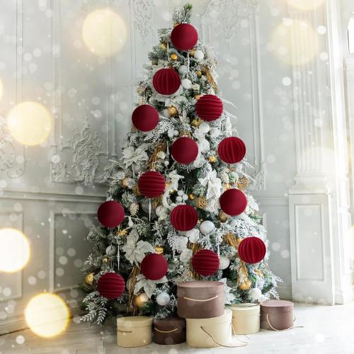 Syhood 4 Pcs 6 Inch Velvet Christmas Balls Large Velvet Ornaments Balls Xmas Tree Decorations Hanging Flocked Ornaments for Christmas Tree Home Garland Holiday Party Decor (Burgundy)