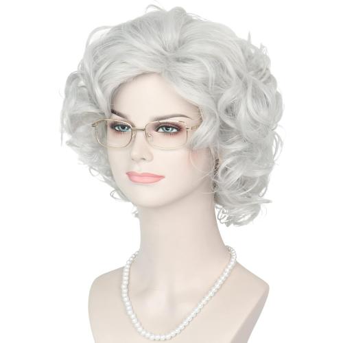 Yan Dream Old Lady Wigs Old Woman Costume Set Silver Grey Grandma Wig Granny Glasses Pearl Necklace for Halloween