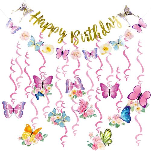 SUNBEAUTY Butterfly Birthday Party Decorations Pre-strung Birthday Banner Garland for Women & Girls Colorful Butterfly Hanging Swirls Decorations Summer Themed Ceiling Decor for Kids Bday party