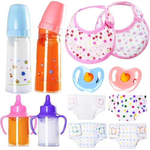 12PCS Baby Doll Accessories Set,Doll Pretend Play Feeding Toys,Baby Doll Feeding Include Disappearing Milk and Juice Bottles,Pacifier,Bibs,Diapers