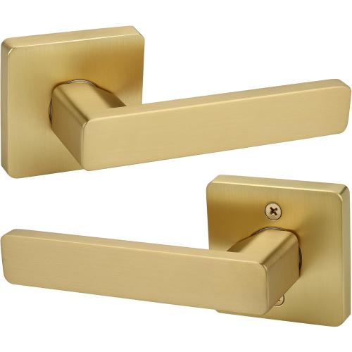 Brushed Gold Door Handles, Heavy Duty No Lock Passage Door Lever, Reversible Square Door Handle Without Lock for Hallway Closet Doors, Satin Brass