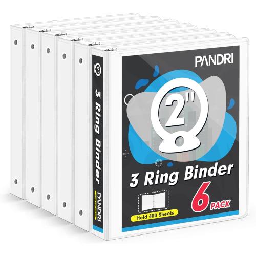 Set of 6 Color White  3 Ring Binder 2 Inch, PANDRI 6 Pack 2-Inch Binder Fits Letter Size 8.5'' x 11'' Paper, Versatile Binders for Office Home School, 2 Pockets, White