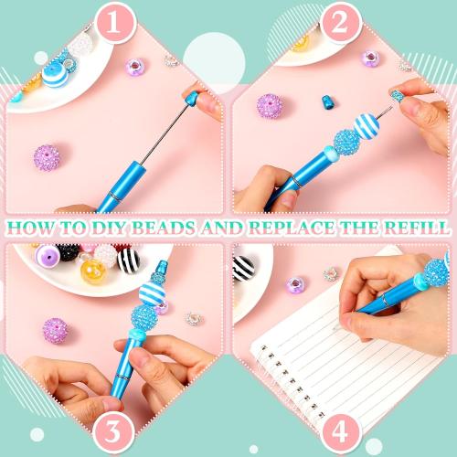 Yexiya 10 Pieces Beadable Pens Bulk with 40 Pcs Assorted Colors Beads for DIY Pen Making Kit Black Ink for Students, Teachers, School Supplies, Office Item(Bright Color,Fresh Style)
