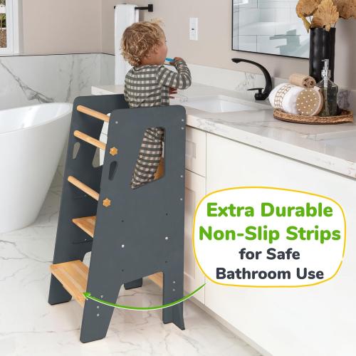 OCODILE Toddler Standing Tower - Adjustable Height Toddler Kitchen Stool Helper - Ideal Kids Kitchen Step Stool for Learning New Skills - Extra Secure with Safety Feet - Gray