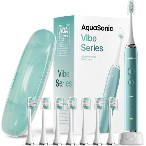 Mint, Aquasonic Vibe Series Ultra-Whitening Toothbrush – ADA Accepted Power Toothbrush - 8 Brush Heads & Travel Case – 40,000 VPM Motor & Wireless Charging - 4 Modes w Smart Timer – Mint Green Metallic